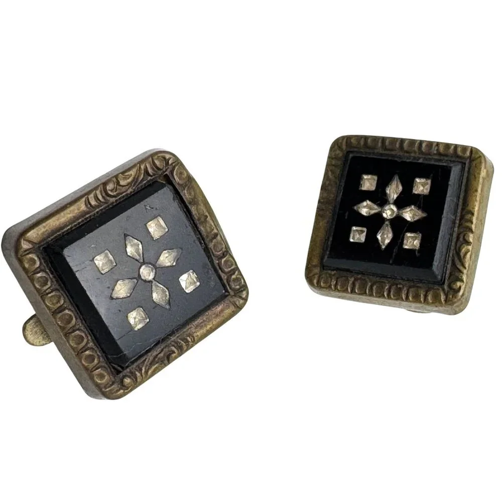 Brass & Black Enamel Cufflinks With Inlaid Floral Design Finger Prong Vintage
